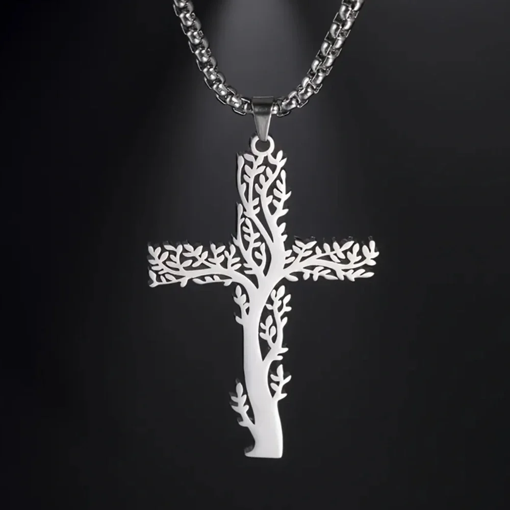 Stainless steel tree of life cross